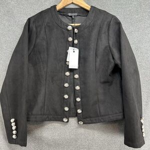 CZ Collection by Cezele Faux Suede Jacket Womens Large Black Military Style NEW